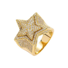 Three-dimensional five-pointed star diamond-encrusted ring