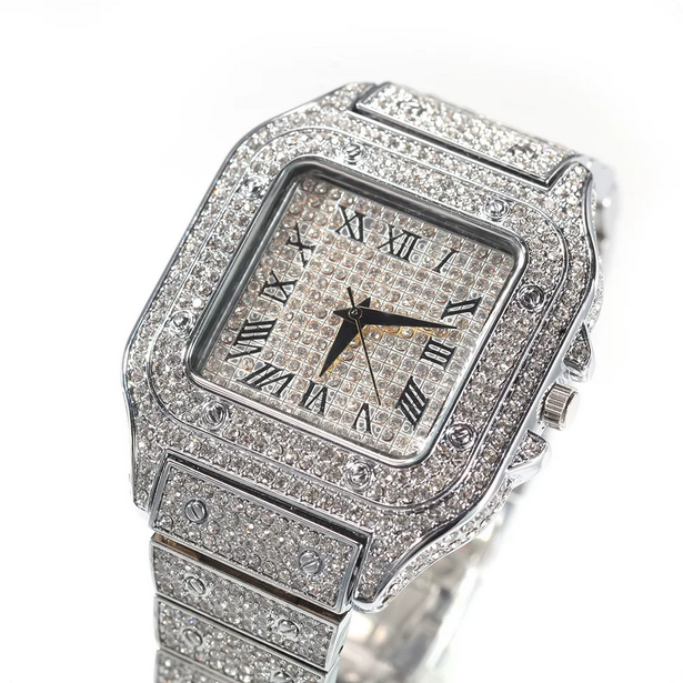 Diamond-encrusted watch with square design