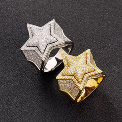 Three-dimensional five-pointed star diamond-encrusted ring