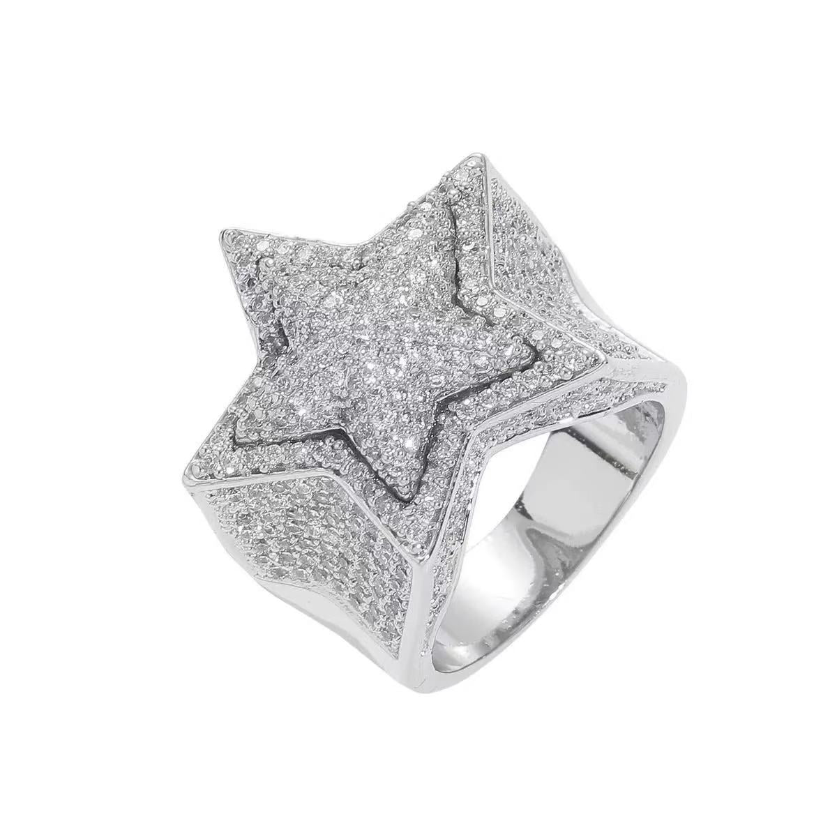 Three-dimensional five-pointed star diamond-encrusted ring