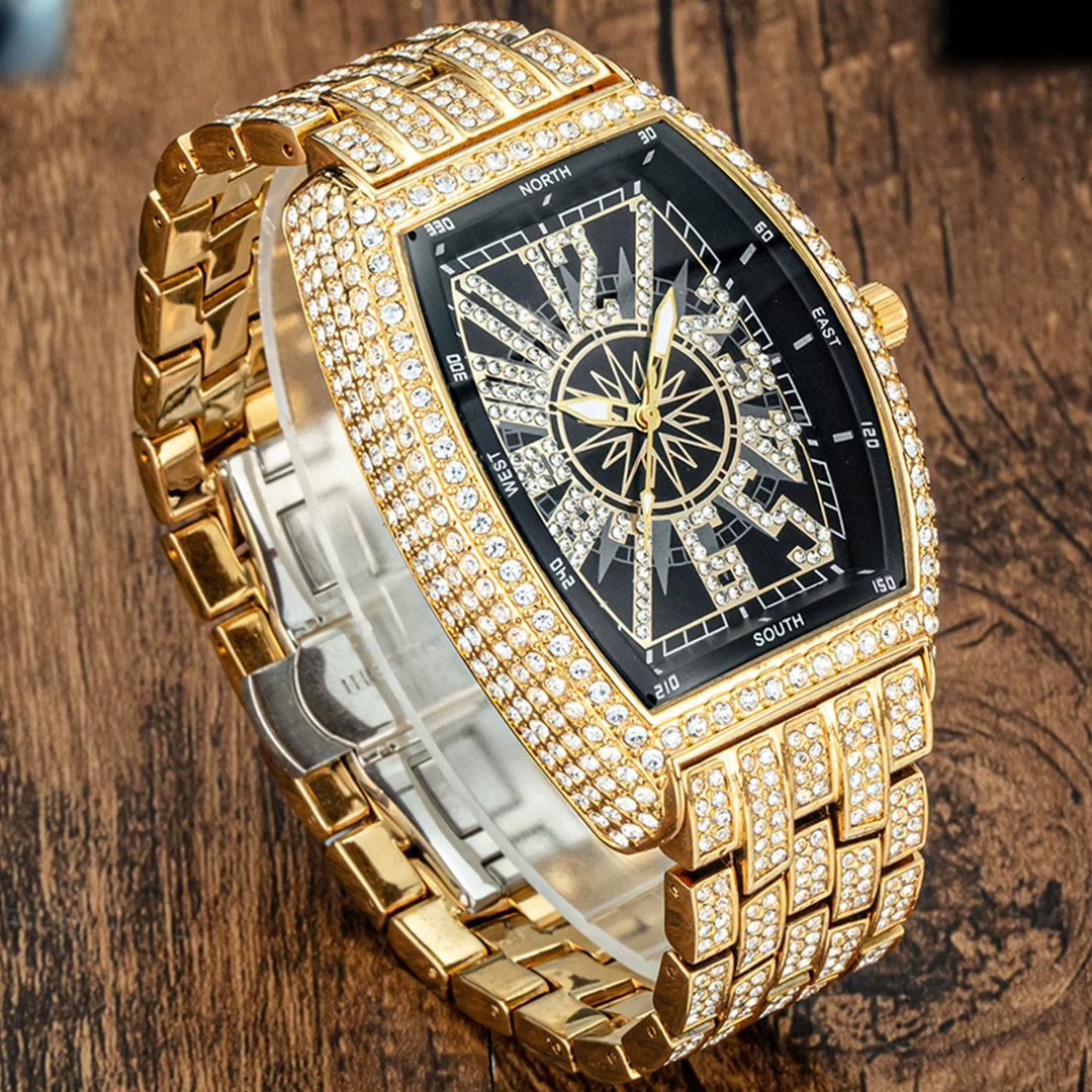 Whiskey barrel diamond-encrusted gold watch
